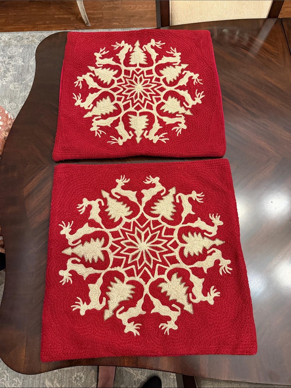 Two Pottery Barn Red and Cream Holiday Throw Pillow Covers.